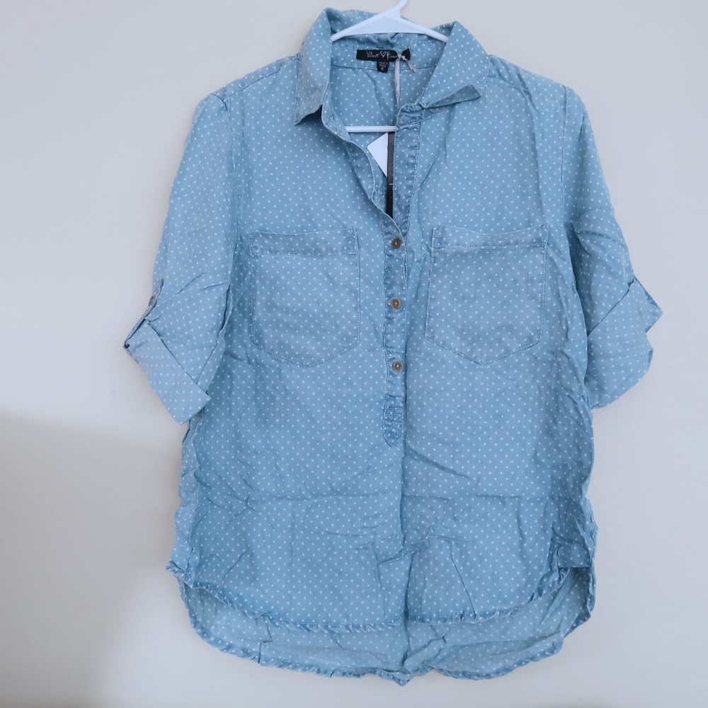 Tencel Blue Chambray 3/4 Sleeve Polka Blouse NWT